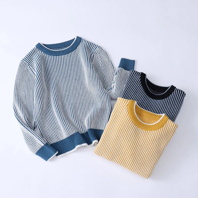 Crianças Stripe Sweater Knitted Boys Sweater Jacquard Meninas Outono Inverno Crianças Pulôver Algodão Sólido Crianças Outerwear 3-10 Anos 210308