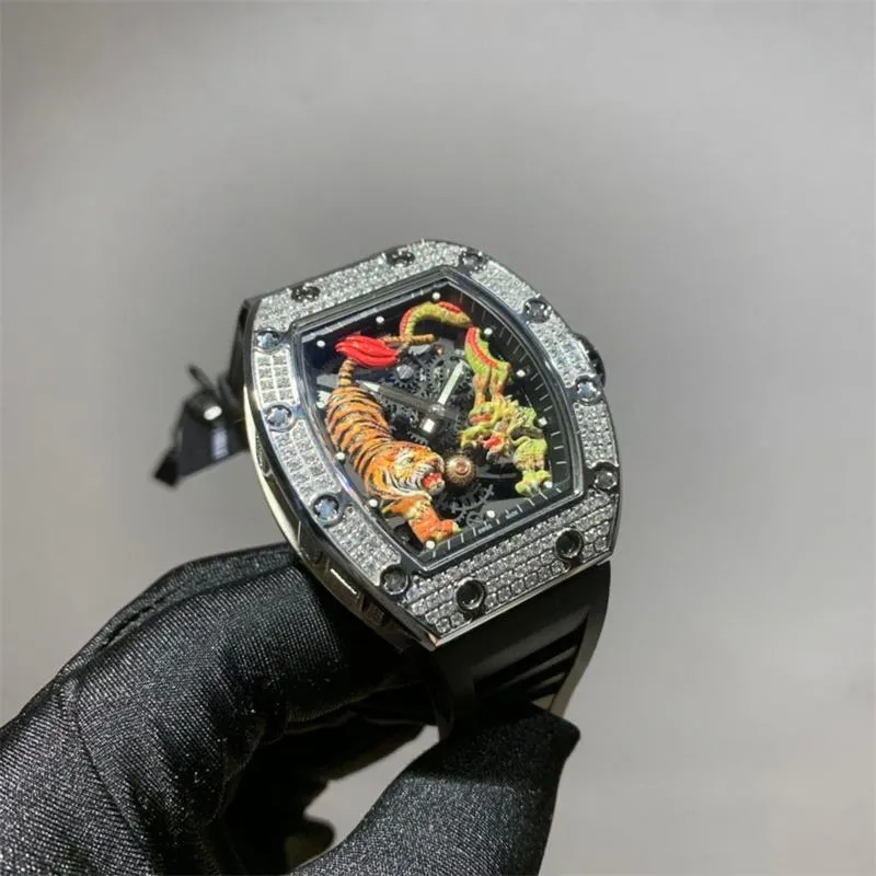 Men's Dragon Tiger flywheel mechanical full drill watch natural tape butterfly buckle 42mm