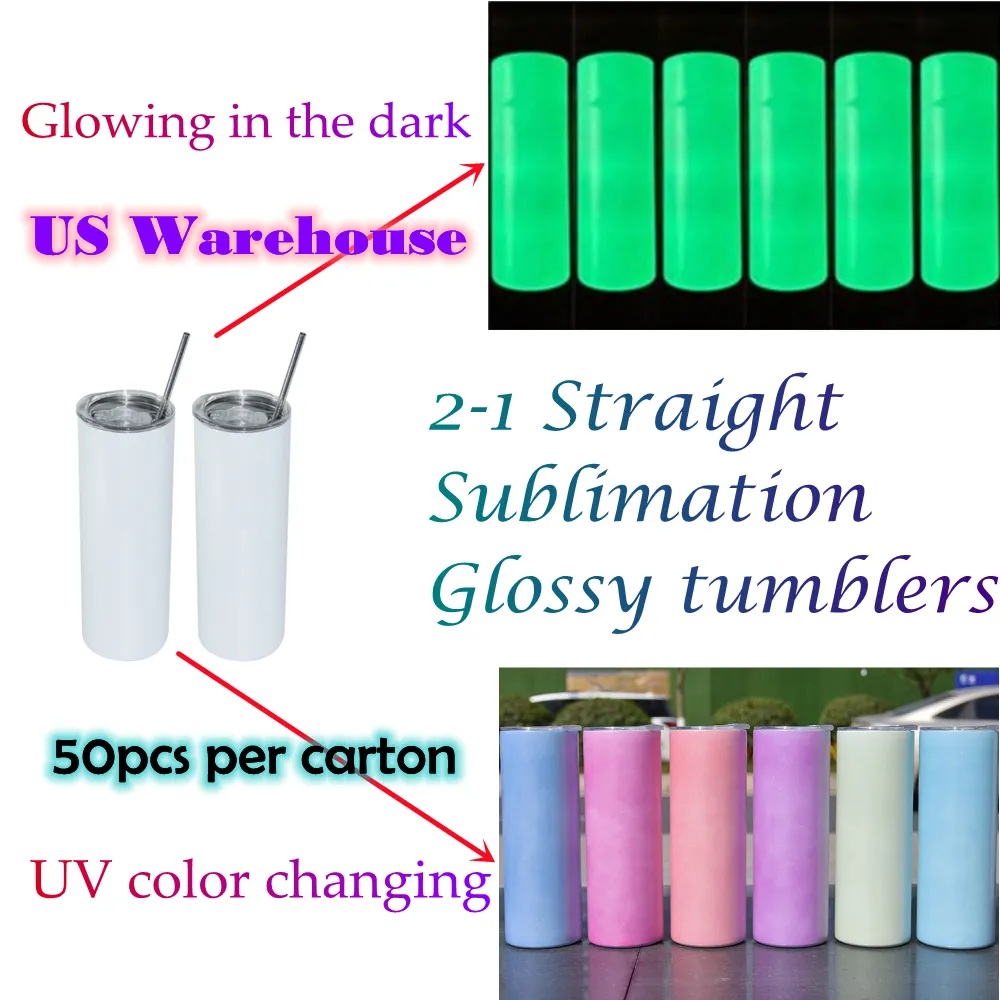 US Warehouse 20oz sublimering Straight Tumblers UV Color Changing Glowing In Dark 2-In-1 Glossy rostfritt stål DIY Blank vattenflaska B6 B6