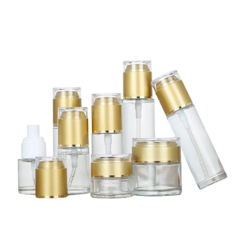 30/50/60/80ML Glass Mist Spray Bottle 20/30/50G Cosmetic Cream Jar Matte Gold Makeup Set Perfume Refillable Lotion Pump Bottle