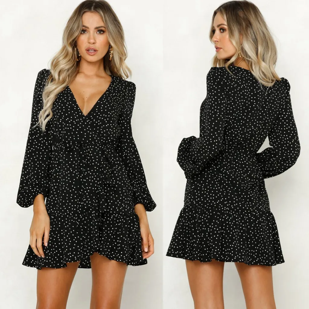 Sexy V-neck Long Sleeve Strap Polka Dot Dress