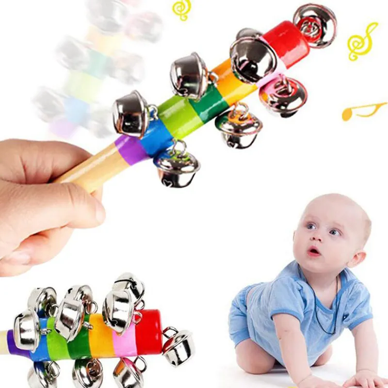 200pcs Christmas Party Gift Jingle Bells Wooden Handle Toys 18cm Rainbow Wood Handhold Rattles Bell Stick Children's Toy