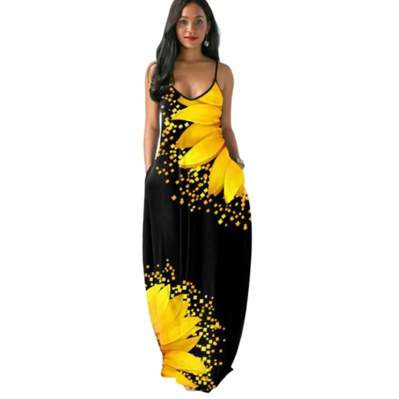 Sunflower Print Lange Maxi Kleid Ärmellose Frauen Sommer Sexy V-ausschnitt Schwarz Strappy Kleid Open Back 3XL 4XL 5XL vestido de verano X0521