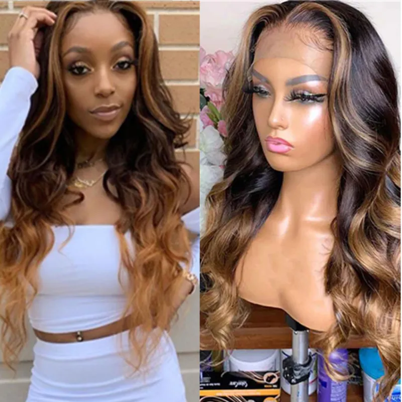 4 27 Ombre Markera Human Hair Wig Brown Honey Blonde Color 13x6 Lace Front Paryk för svart Kvinnor Brazilian Body Wavy Remy Hair