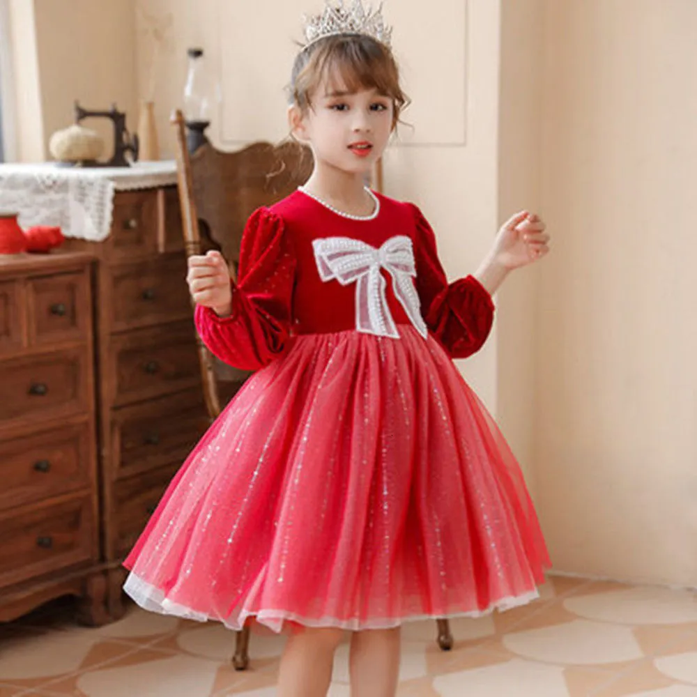 Robe d'automne et d'hiver pour filles, jupe de princesse rouge épaisse en peluche, style étranger pour enfants, 2021