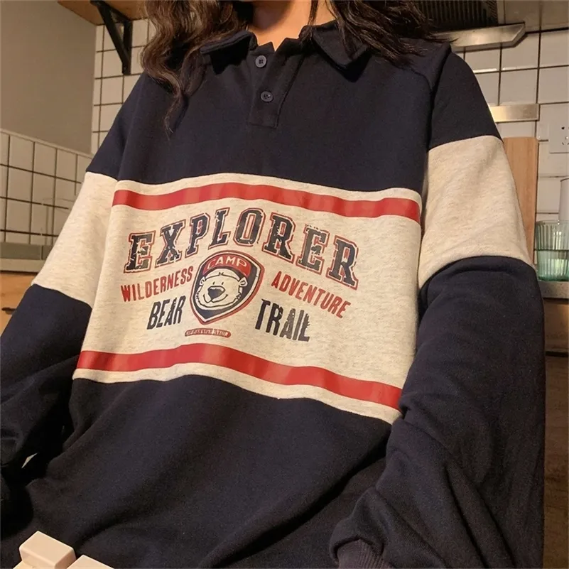 Kış Vintage Polo Yaka Gevşek Harajuku Hoodie En Uzun Kollu Gençler Boy Hoodies Kadınlar Baskı Ayı Kazak Trendy LJ201130