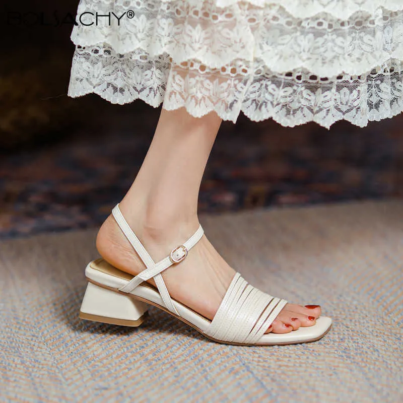 Sandals Woman Concise Style Narrowband Solid Beige Apricot Peep Toe Genuine Leather Ankle-Wrap Buckle Square High Heel Shoes Y0721