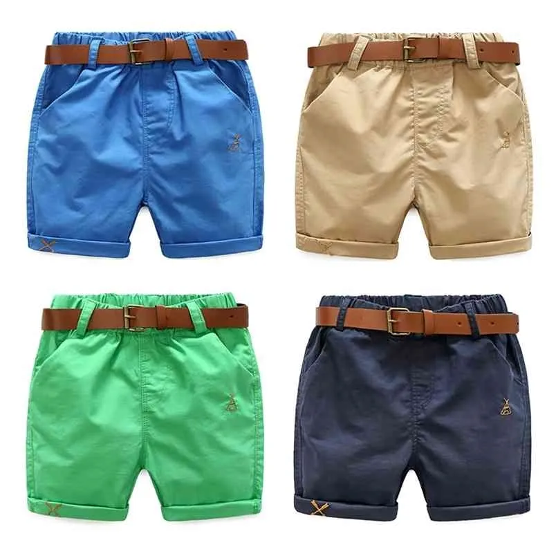 Sommar 3-10 år Bomull Navy Blå Kaki Green Solid Färg Barnens Running Sport Boy Shorts Kids With Leather Belt 210723