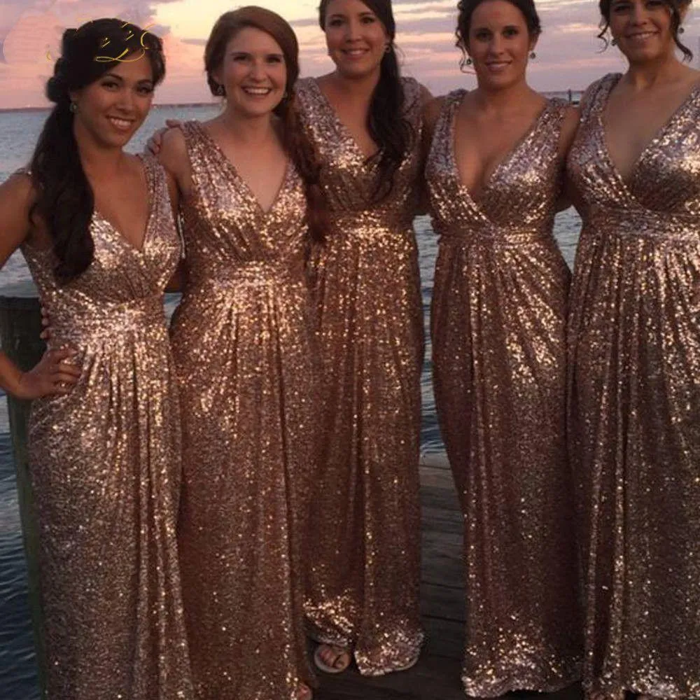 Parlak Payetli V Boyun Gül Altın Uzun Gelinlik Modelleri 2021 Gelin Grup Düğün Elbise Kadın Glitter Sparkle Konuk Gelinlik Artı