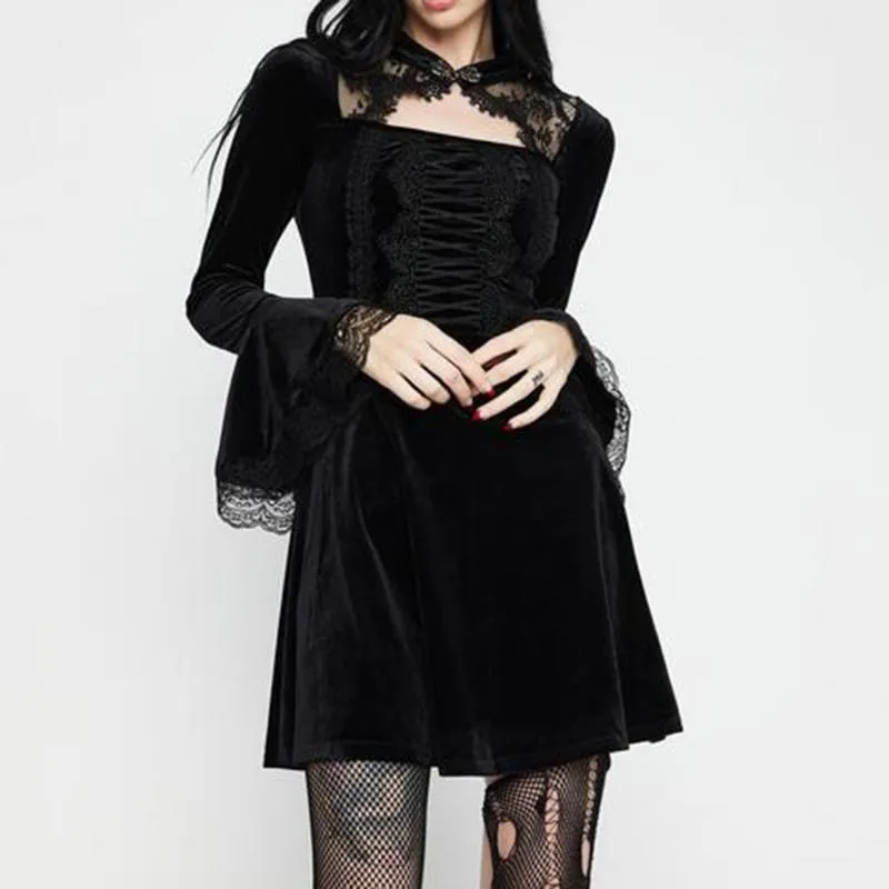 Vestidos casuais moda rosética Autumn Velvet Sleeve Dress Short Women Women Vintage Sexy Cut Out Gothic Designer Feminino Feminino 021