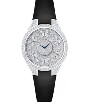 Trend Luxurious Brand Disco Butterfly White Gold Full Diamond Watch Sign Logo Crystal Can Flytta Äkta Läder Quartz Ladies Armbandsur