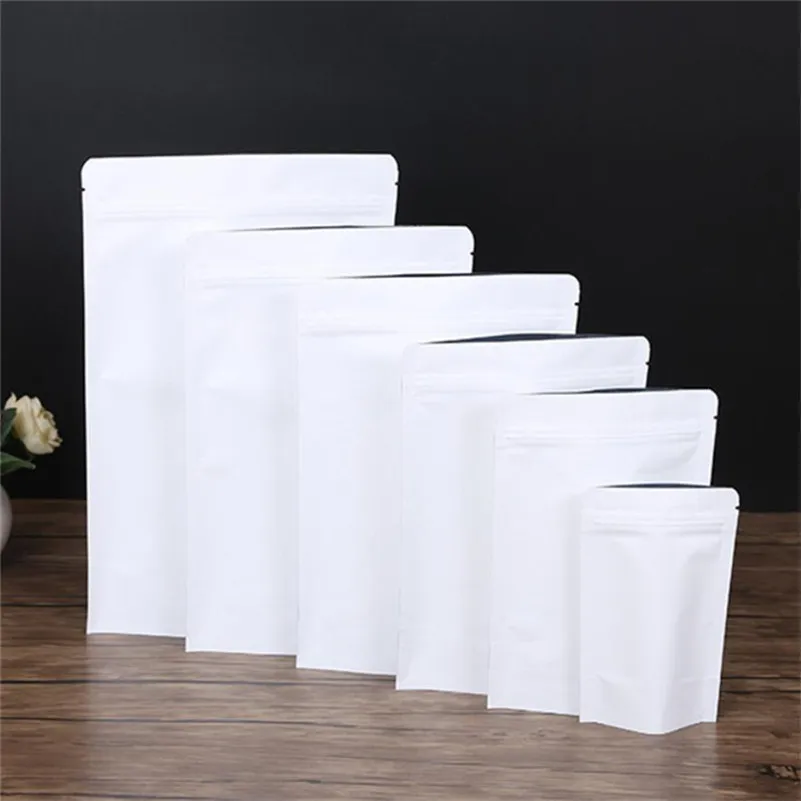 Bolsa de papel Kraft blanca de pie, bolsa de embalaje de papel de aluminio, bolsa de almacenamiento para alimentos, merienda de té, bolsas resellables a prueba de olores