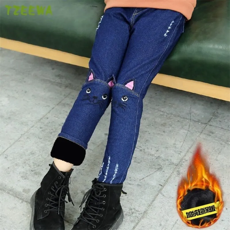 Зимние девушки брюки плюс бархатные теплые детские брюки мультфильм детские джинсы для девочек принцесса кошка детские брюки девочек джинсы 210303