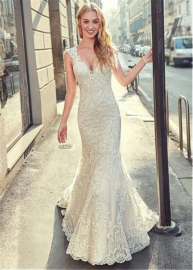2022 Mermaid Style Lace Fishtail Wedding Dress with Sheer Cap Sleeves and V-Neckline, Featuring Sweep Train - Perfect for Brides and Festivals