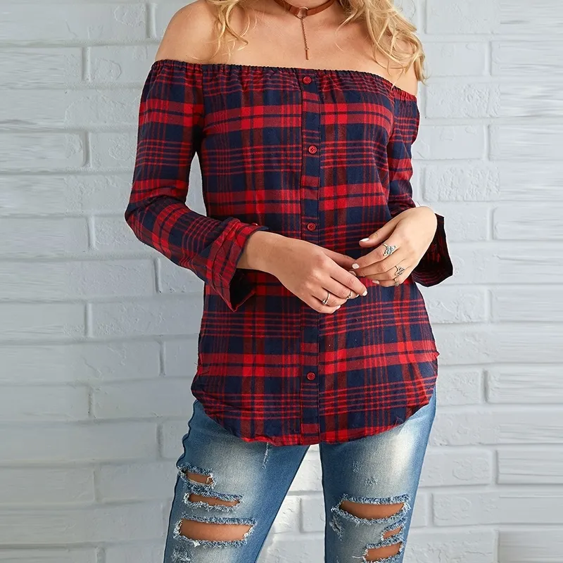 Vrouwen Plaid Shirt Sexy Off Schouder Lange Mouw Tops Shirt Slash Neck Office Dames Blouses Casual Losse Shirts Blusas Femininos 210308