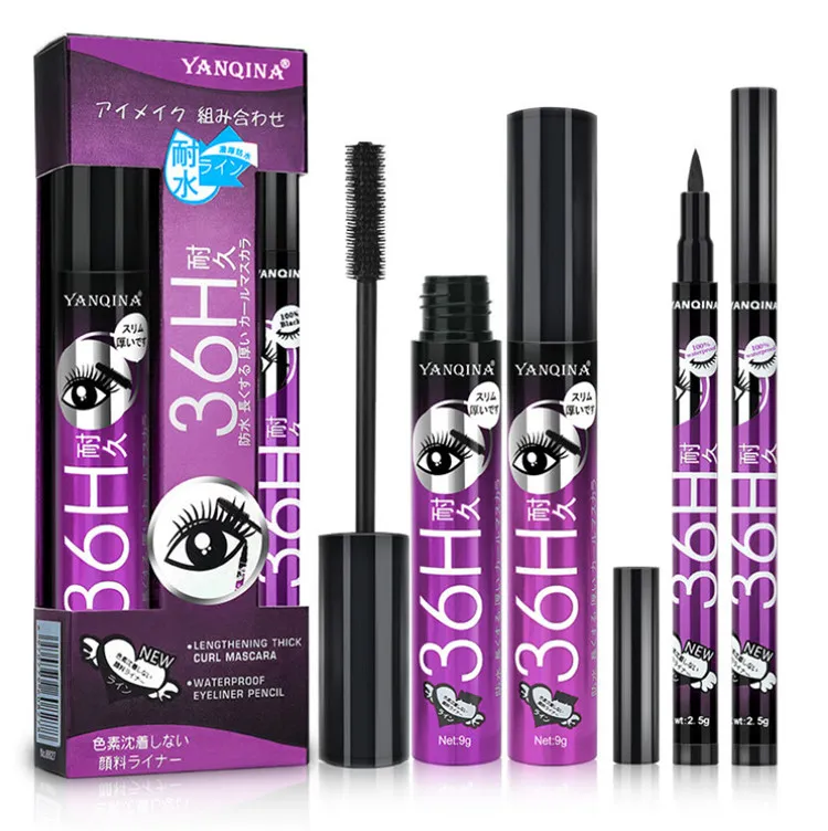 Яньцина черная жидкая подводка для глаз + 3D Mascara 2 шт. В 1 Быстрая сушка Водонепроницаемый неразмерный глаз Лайнер карандаш Макияж 8827 #