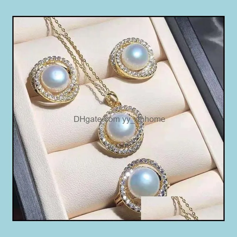 8-9mm White Natural Pearl Pendant Necklaces Bracelets Stud earrings Set Women`s Gift Bridal Jewelry