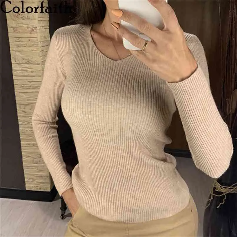 Colorfaith New Winter Spring Chandails pour femmes Pull Col en V Minimaliste Bas Rose Tops Multi Couleurs SW1053 210914