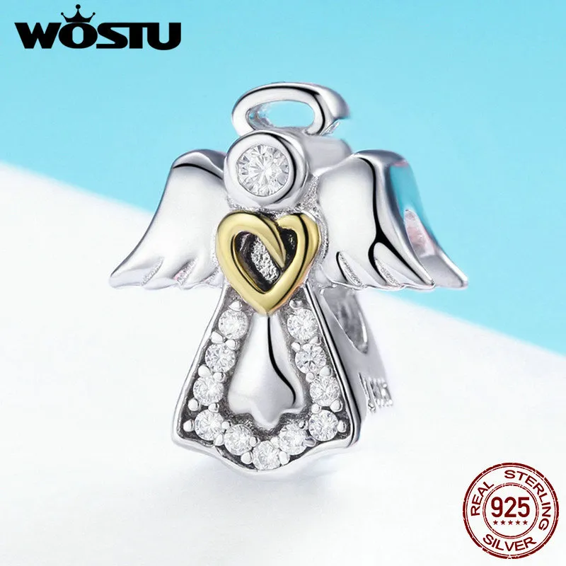 WOSTU Haute Qualité Réel 925 Sterling Argent Gardien Ange Perles Fit Original Marque Charme Bracelet DIY Bijoux Cadeau Chanceux FIC747 Q0531