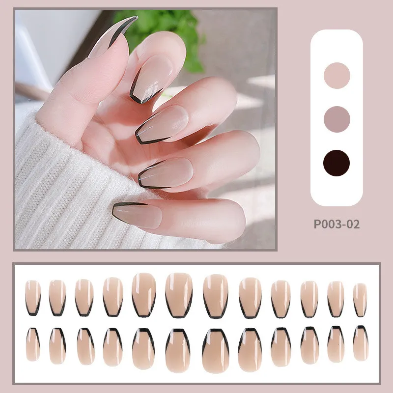 24 stks Afneembare Franse Valse nagels met Black Line Ballet Full Cover Nail Art Tips Druk op nep vingernagels