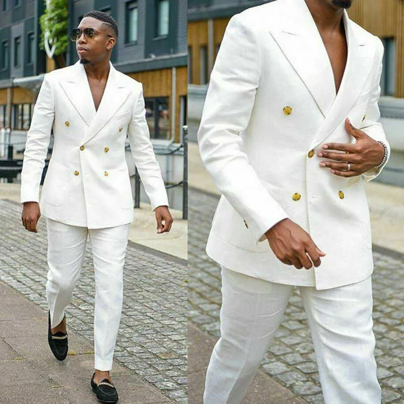 Double Breasted Linen Casual Suits for Men with Peaked Lapel 2 Piece Wedding Tuxedo Man Fashion Set Jacket with Pants New X0909