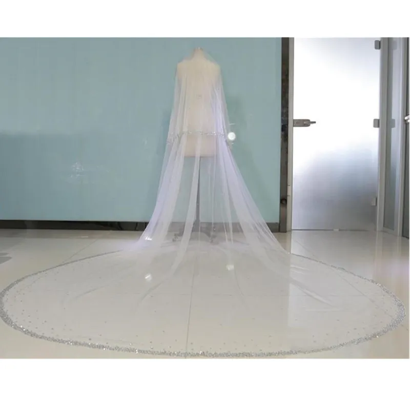صورة حقيقية بلينغ حبة طبقتين حجاب الزفاف فاخر عالي الجودة الحجاب الزفاف الطويل