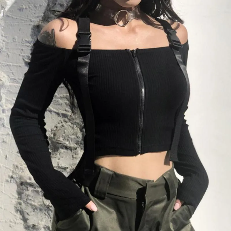 Women's T-Shirt Sexy Women Off Shoulder Plastic Buckle Strappy Crop Top Long Sleeve Knit Zipper Up Knitwear Solid Fashion Short T Shirt