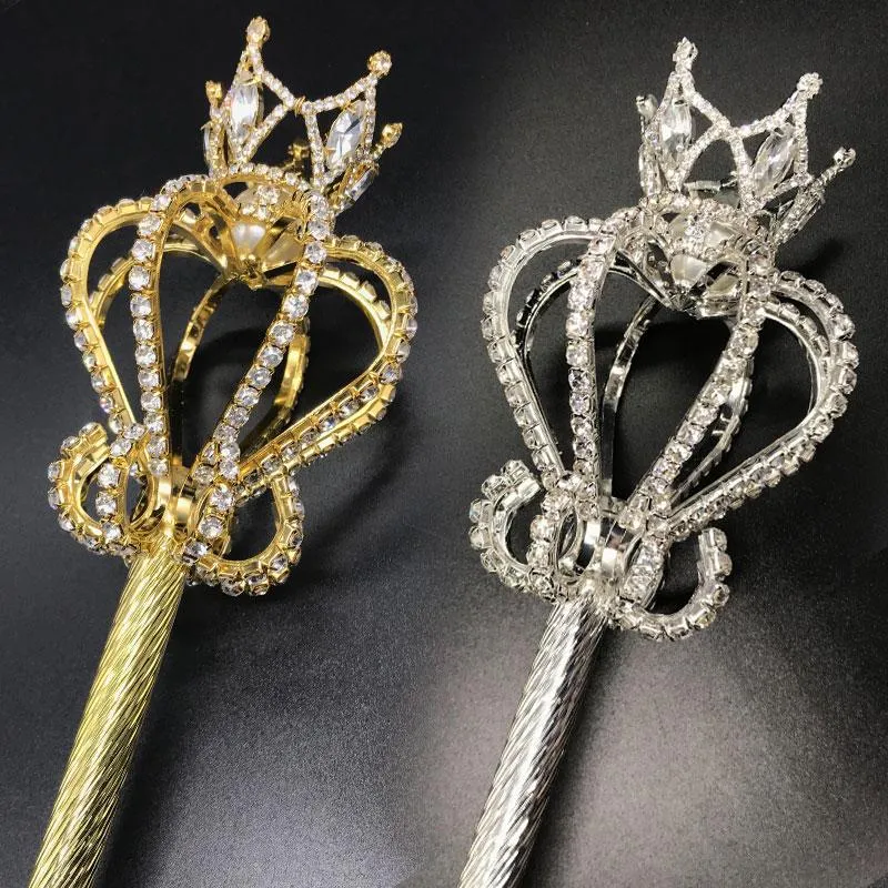 Grampos de cabelo Presilhas Bling Cetro de Cristal Varinha Ouro/Prata Cor Tiaras E Coroas Cetro Rei Rainha Concurso de Casamento Trajes de Festa Mão