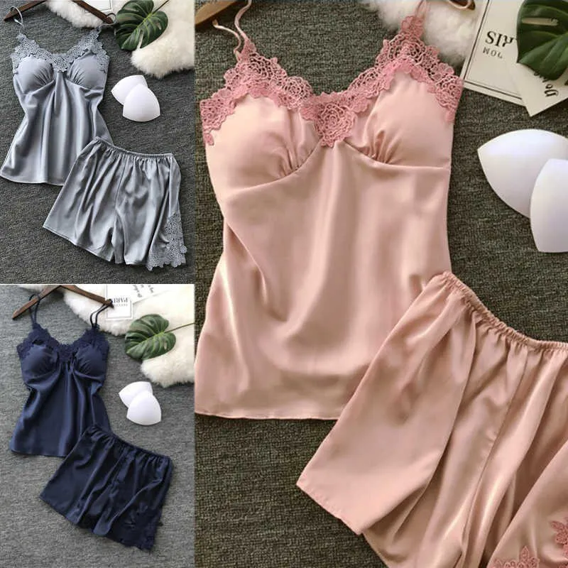 Ladies Summer Silk Satin Chest Pad Sleepwear Sexy Lingerie Women Lace Pajamas Embroidery Pajamas