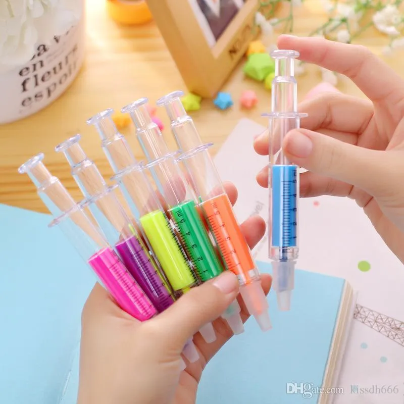 400pcs 6 색 6 가지 색상 간호사 바늘 주사기 모양의 형광펜 마커 마커 펜 펜 편지지 학교 용품