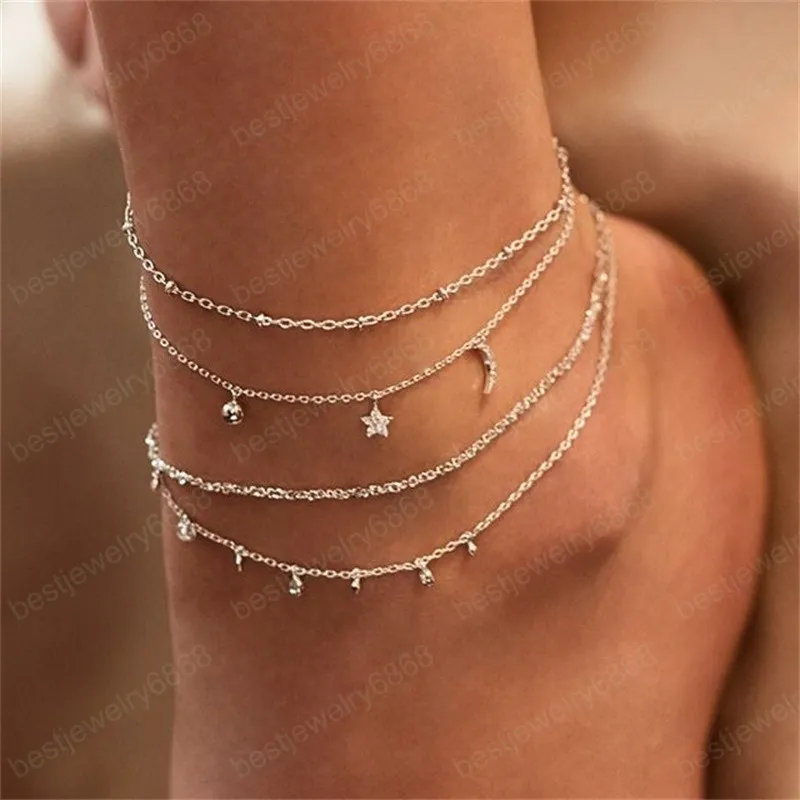 Star Moon Anklet Vrouwen Gouden Multilayer Crystal Enkle Chain Foot Armband op Leg Fashion Beach Jewelry