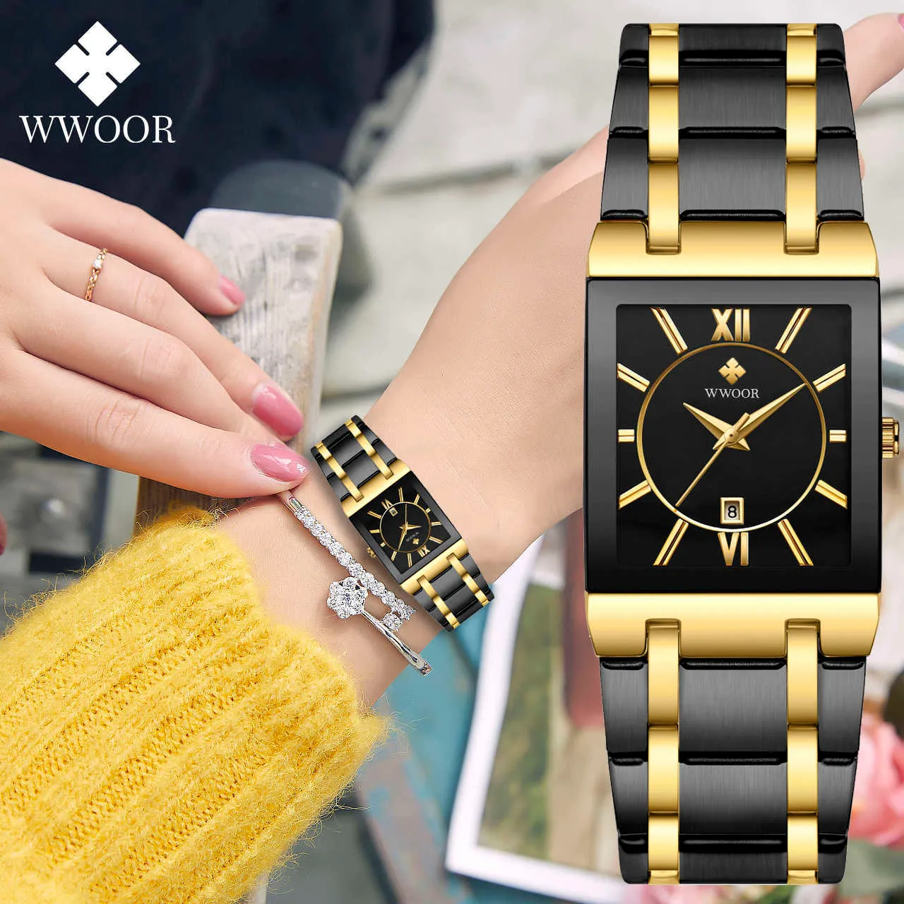 Wwoor Ladies Watch Top Brand Japanese Quartz Klockor Square Black Gold Watch Rostfritt Stål Vattentät Mode Kvinnor Armbandsur 210720