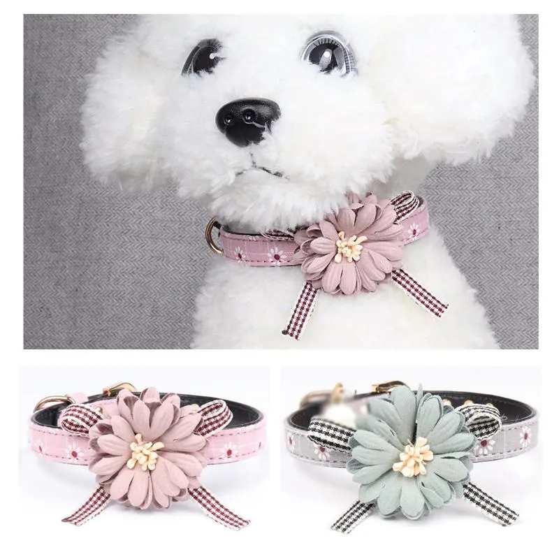 Colliers pour chiens Laisses Tissu Fleur Collier en cuir Pet Cat Bow Tie Cute Neck Strap Réglable PU Fournitures