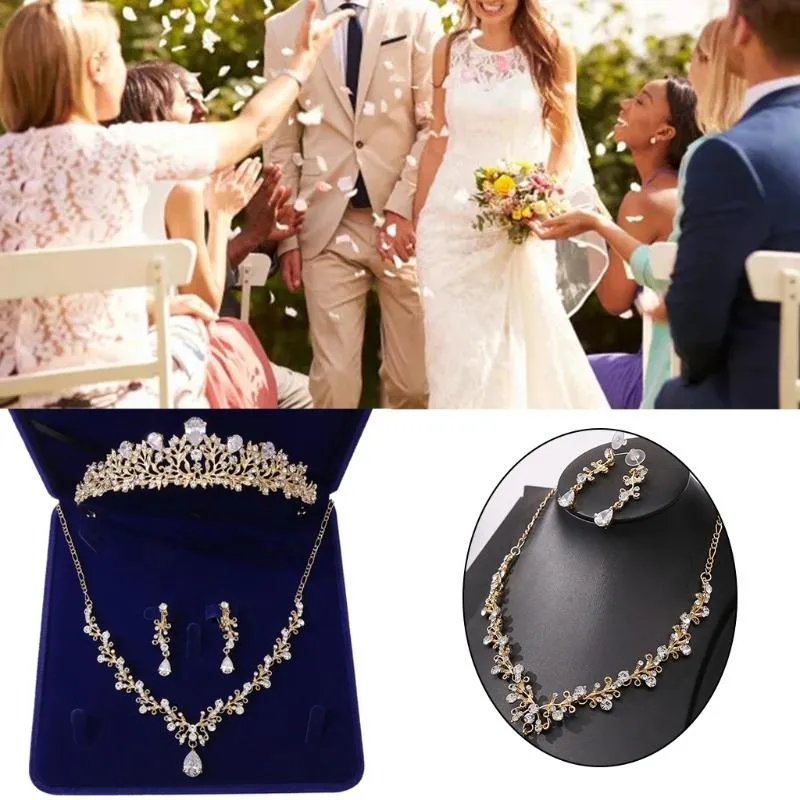 Örhängen Halsband E56a Bröllop Bridal Crystal Cluster Zircon Dangle Crown Tiara Smycken Set med presentförpackning (silver / guld)