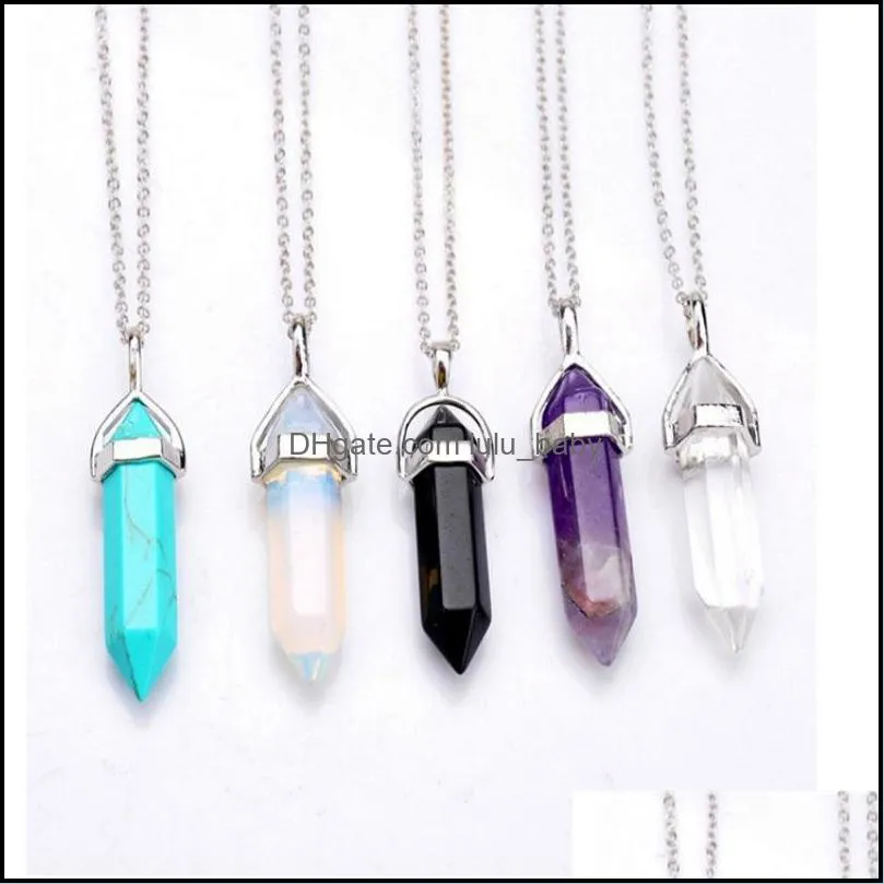 Pendentif Colliers Pendentifs Bijoux Forme Réel Améthyste Cristal Naturel Quartz Point De Guérison Chakra Perle Pierre Précieuse Opale Pierre Chaîne 2172 Q2