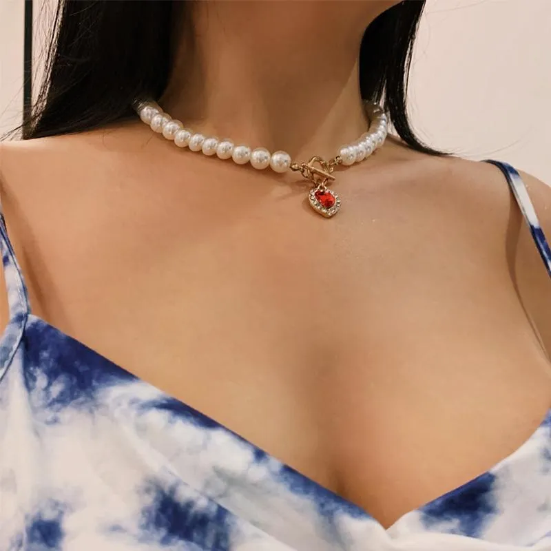 Anhänger Halsketten Vintage Rot Kristall Herz Retro Halskette Für Frauen 2021 Gold Farbe Multi Layer Kette Choker Hochzeit Schmuck Geschenke