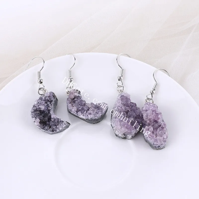 Natural Gemstone Amethyst Druzy Dangle Earrings Water Drop Crescent Moon Shape Rough Crystal Cluster Drusy Quartz Geode Earring Healing Stone Jewelry for Women