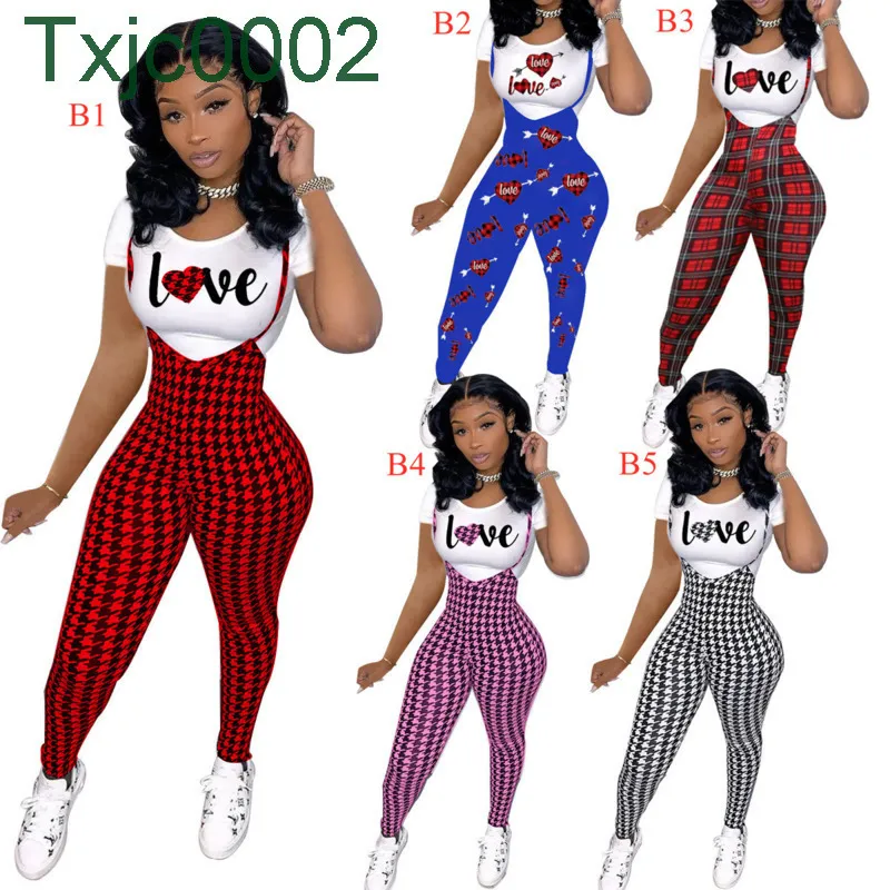 Women Two Piece Pants Outfits Designer Valentine Day Commuting Letters Printed Suits Slim Sexy Short Sleeve Suspender Sportwear