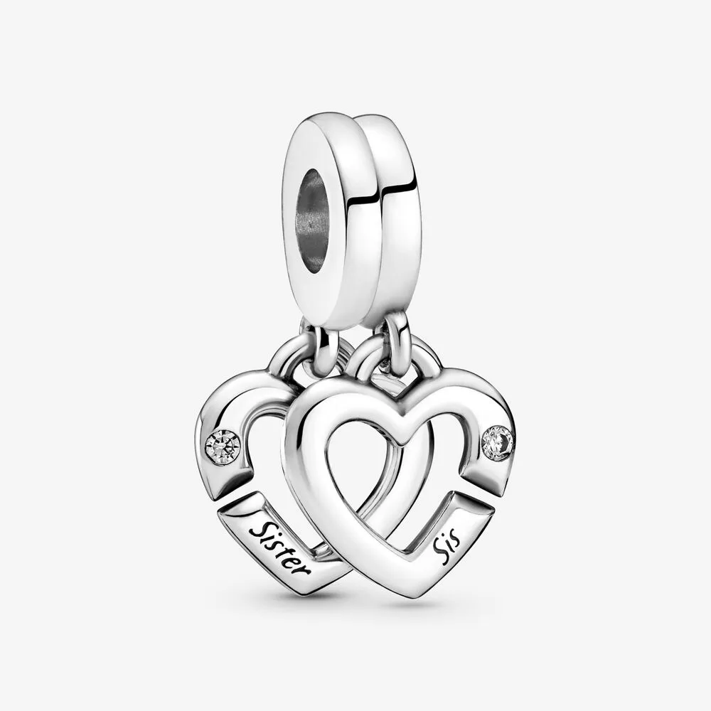 Linked Sister Hearts Split Dangle Charms Fit Original European Charm Bracelet Fashion Women Wedding Engagement 925 Sterling Silver Jewelry Accessories