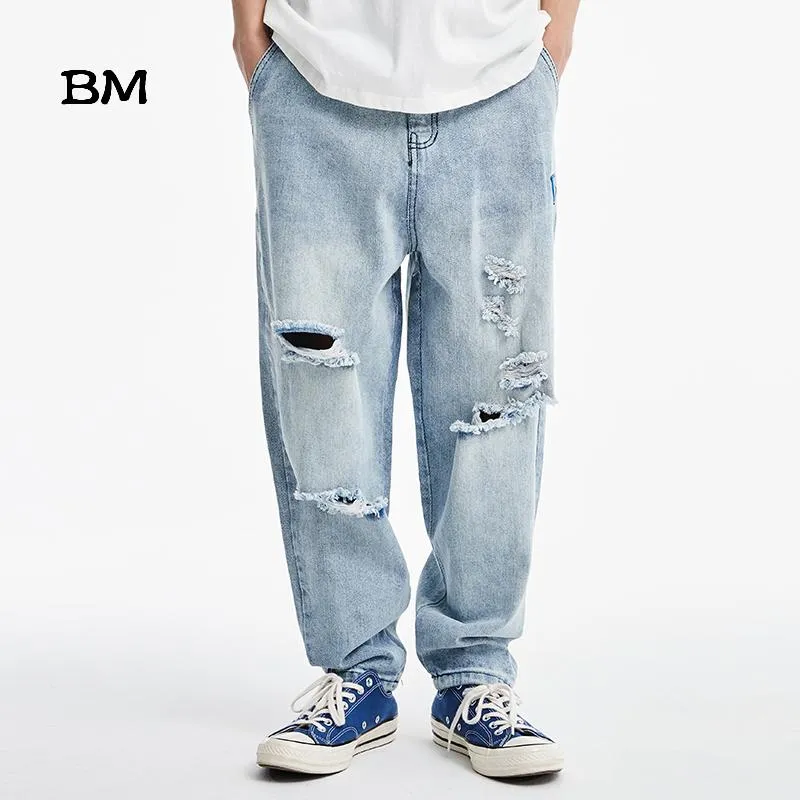 Streetwear Straight Cargo Jeans Men Loose Hole Jean Homme Kpop