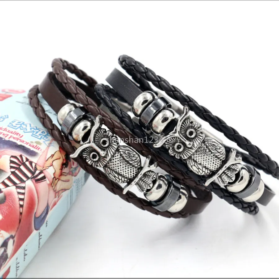 Bird Owl Antigo charme de prata pulseiras tecem pulseiras multicamadas pulseiras de couro pulseiras pulseira de punho de punho de moda jóias de moda marrom preto marrom e arenoso