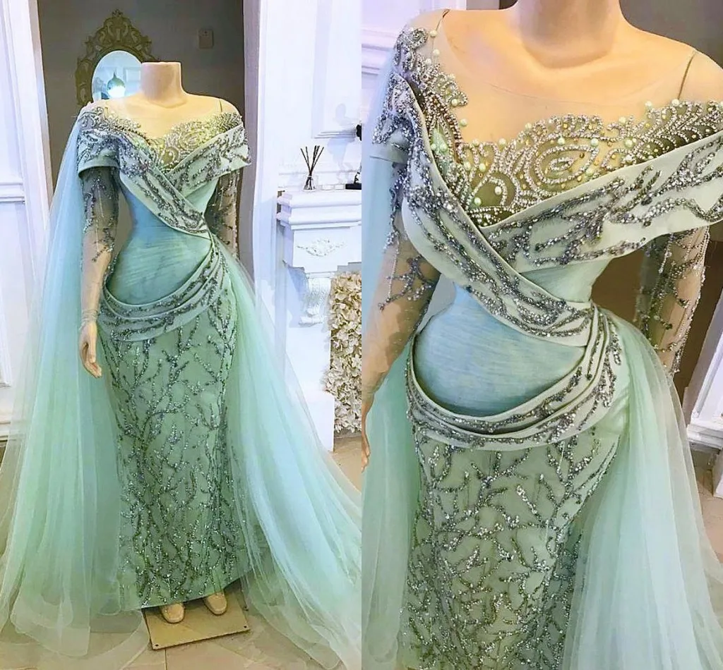 Elegancka Mint Green Bellanaaija Suknie wieczorowe Syrenki Plus Size Cekiny z Tulle Cloak Cape Aso EBI Arabski African Prom Suknie