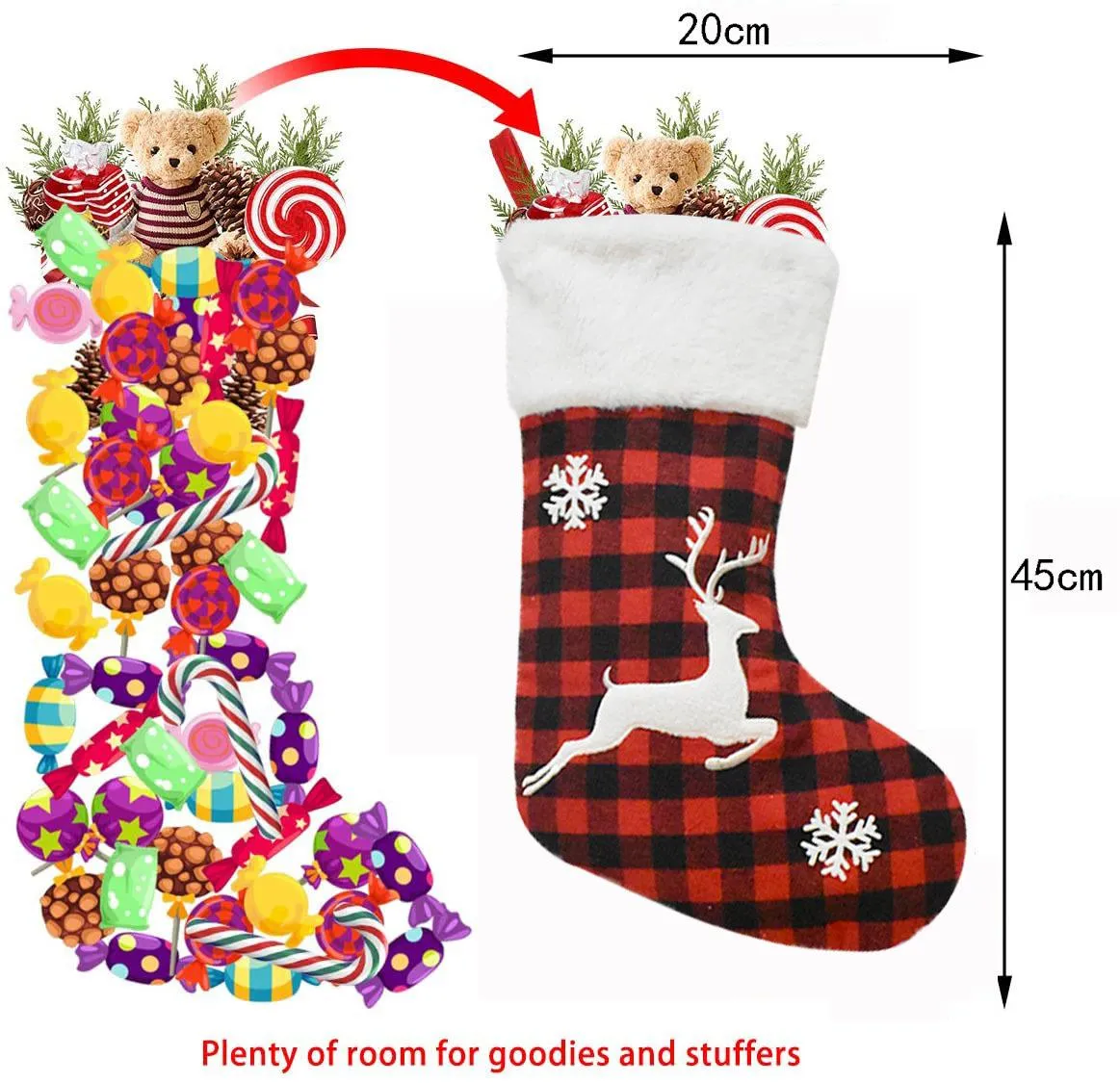 Large Size Red Grid Christmas Stocking Gift Bags For Kids Christmas Tree Ornament Xmas Pendant Socks Home Party Decoration
