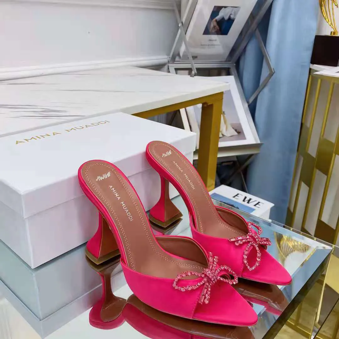 Red Satin Amina Italy Muaddi Mules Slippers 95mm Crystal Embellished Pyramid Heel Shoes AWGE