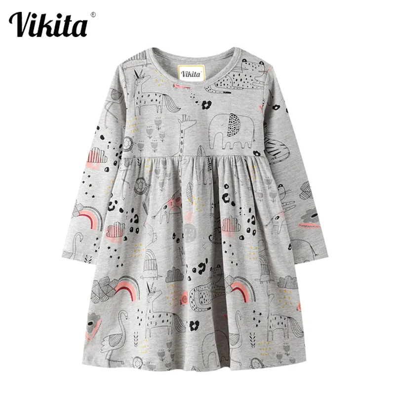 VIKITA Filles Cartoon Imprimer Robe Enfants Automne Printemps Coton Robes Enfants À Manches Longues Robes Graffiti Enfants Vêtements Décontractés 210303