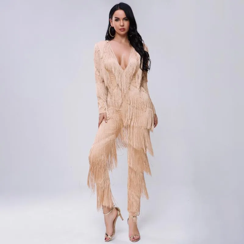 Women's Jumpsuits & Rompers Autumn Fringes Womens Jumpsuit Tassels Sexy V Neck Long Sleeve Chic Outfits Fashion Low Cut Overalls