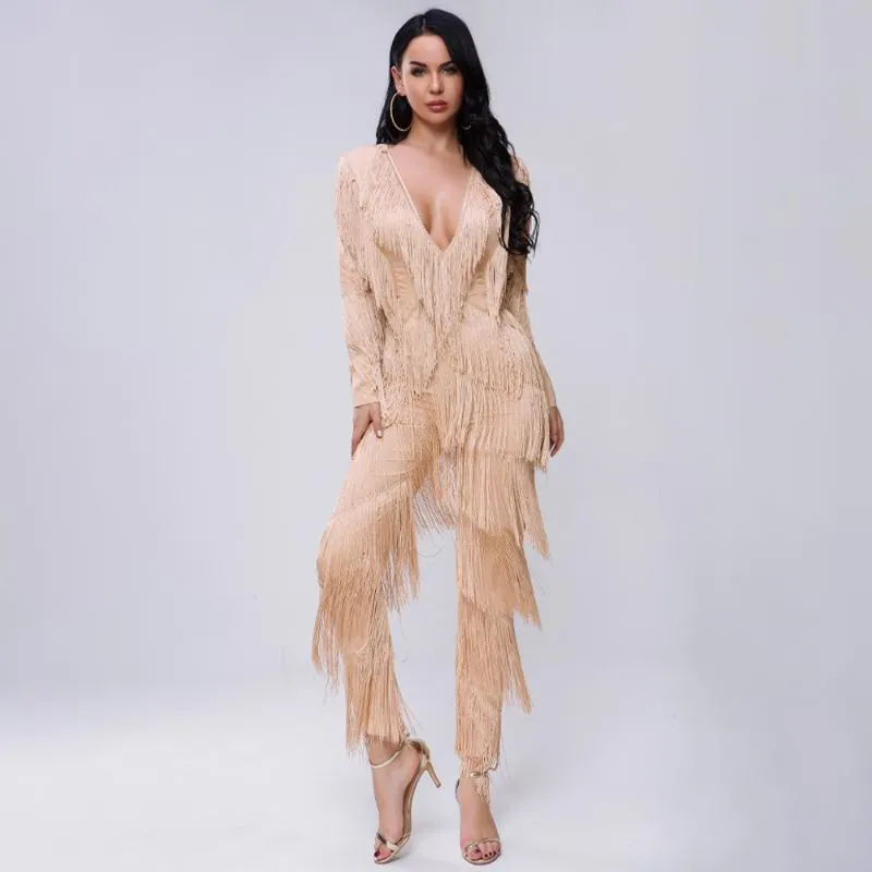 Jumpsuits das Mulheres Macacões Autumn Fringes Womens Jumpsuit Borlas Sexy V Pescoço Manga Longa Roupas Chic Moda Baixa Corte macacão