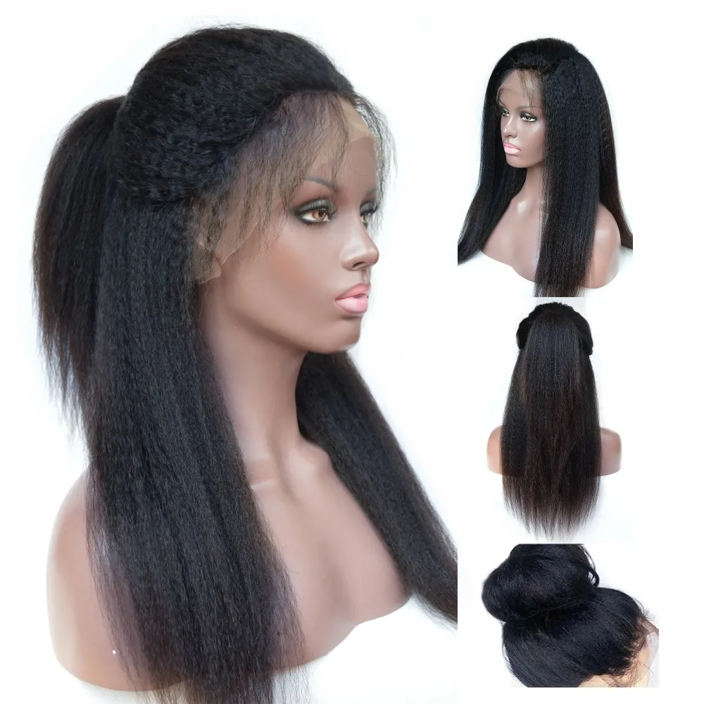 Kinky prosta pełna koronkowa peruka ludzkich włosów Blusteless 360 Peruki czołowe dla czarnych kobiet 130% gęstość naturalny kolor