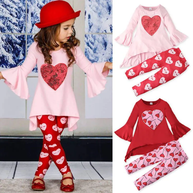 Valentine's Day Spring and Autumn Kids Girls Clothing Set Flare Sleeve Top + Pants Two-piece Love Heart Pattern outfit M3991