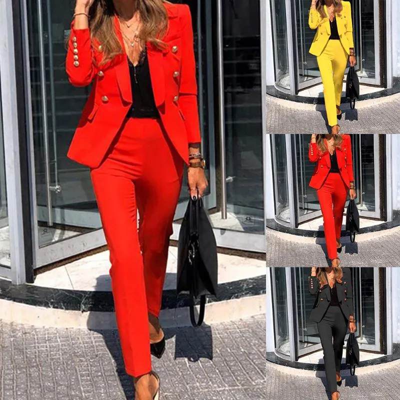 Two-Piece Casual Suit Fashion Women Solid Color Button Long Sleeve Trousers Ladies Business